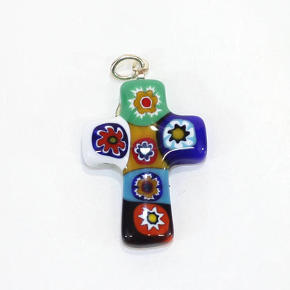 Murano Venetian Glass Cross Pendant, Millefiori, Handmade